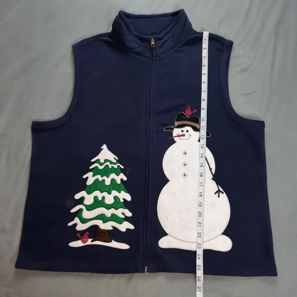 Rebecca Malone Christmas Fleece Vest Womens XL Snowman Cardinals Blue Full Zip - Picture 12 of 12